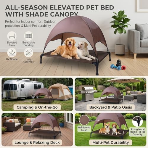 Outdoor Elevated Dog Cot, Portable Pet Bed with Removable Shade Water Resistant, Breathable Cooling Dog Camping Tent for Large Dogs Indoor Outdoor Backyard Camping Beach