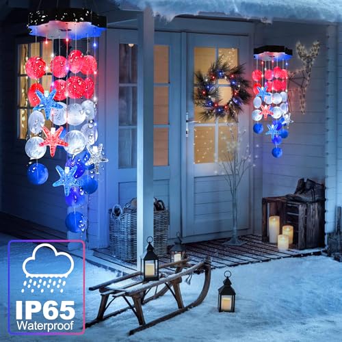 Solar Shell Gift for Mom Grandma Girls, Christmas Red White Blue Solar Wind Chimes for Outside, Christmas Decorative Mobile Lights for Garden, Yard, Patio, Window, Party, Outdoor Decorations - color: Red White Blue