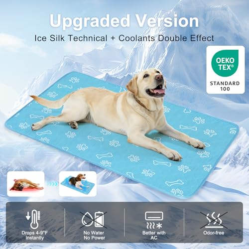BEAUTYZOO Upgraded Dog Self Cooling Mat Ice Silk Chill Pads for Small Medium Large Dogs Q-MAX＞0.43- Summer Reusable Pet Training Pad - Absorbent Non-Slip Cool Mat for Kennels, Crates, Beds, 18" x 24" - color: Blue, size: Small 24IN x 18IN (2 Pack)