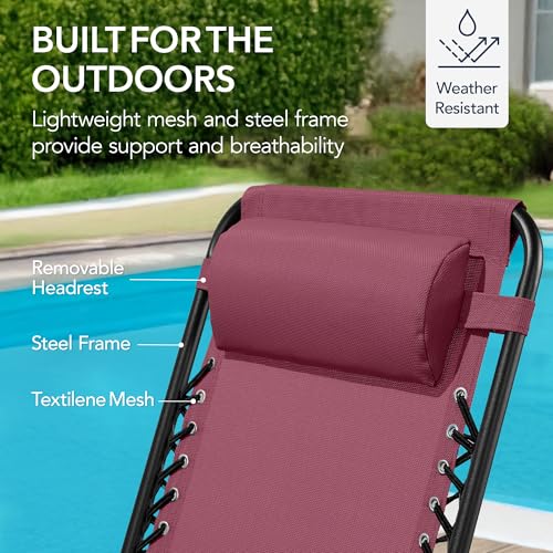 Best Choice Products Outdoor Zero Gravity Rocking Chair, Folding Reclining Patio Lounge Chair with Adjustable Pillow for Lawn, Beach, Camping - Burgundy - color: Burgundy