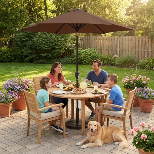 Yaheetech 9FT Patio Umbrella Outdoor with Heavy Duty Base Included,Table Umbrella with Push Button Tilt and Crank, UV Protection Waterproof for Yard/Outdoor/Wedding Parties and Events - Brown - color: Brown, size: 9FT