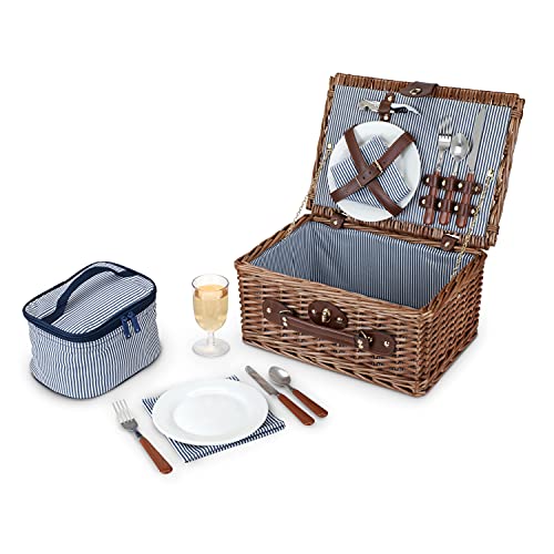 Twine Newport Picnic Basket, Wicker Basket with Place Settings, Wine Glasses, Corkscrew, Insulated Compartments, Set of 1 Basket,Brown - style: Newport Picnic Basket