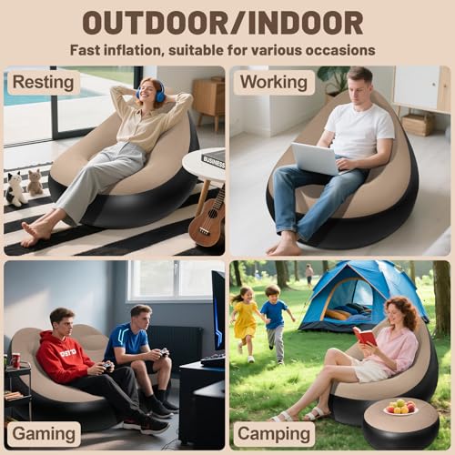 Inflatable Chair for Adults,Portable Inflatables Chairs with Ottoman,Flocked Surface inflatables Couch,Waterproof Blow Up chair,Comfortable inflatable Couch for Camping,Gaming(Without Pump)1PK