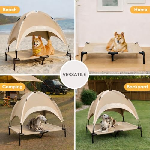 FUNNY FUZZY Elevated Dog Bed with Canopy,Khaki, X-Large (48"x36"x9") – Outdoor Raised Dog Cot with Shade, Cooling Breathable Mesh Pet Bed, Portable Waterproof Camping Bed for Large Dogs up to 120 lbs - color: Khaki, size: X-Large