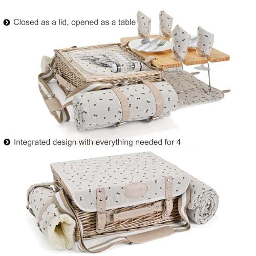 Multifunctional Wicker Picnic Basket Set for 4 with Blanket and Picnic Table, Insulated Picnic Set with Full Tablewares for Camping Outdoor Couples,Cherry - color: Cherry With Blanket &Table for 4