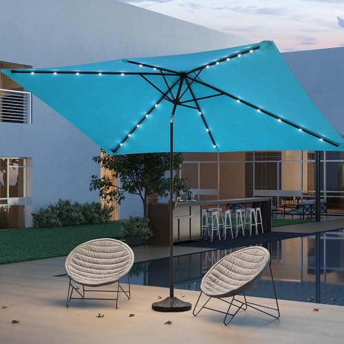Rectangle Patio Umbrella with Solar Lights, 10 x 6.5ft Rectangular Outdoor Umbrella Table Market Patio Umbrella with Push Button Tilt and Crank for Garden, Deck, Backyard, Pool - color: Turquoise