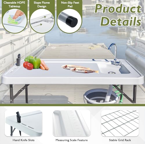 Folding Fish Cleaning Table Portable Camping Sink Table with Faucet Drainage Hose & Sprayer Outdoor Fish Fillet Cleaning Station with Grid Rack & Knife Groove for Picnic Fishing, Grey - style: A Sink-Grey