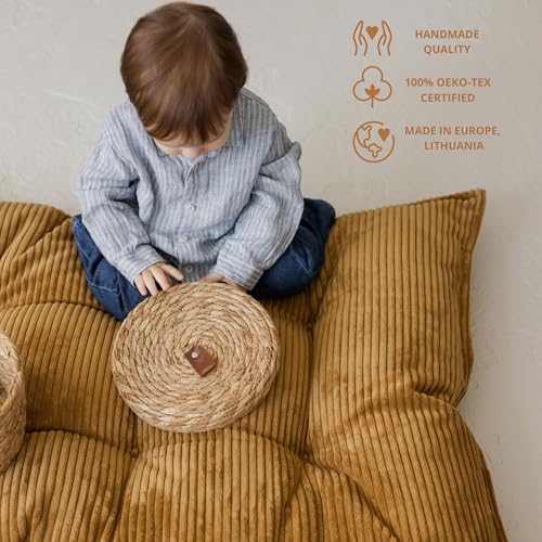 Tufted Floor Cushion – Plush Corduroy Floor Pillow for Reading, Meditation and Yoga – Soft Cozy Window Seat Cushion for Living Room and Bedroom for Adults and Kids - made in EU (Warm Mustard, Medium) - color: Warm Mustard, size: Medium — 49×27.5 in (125×7