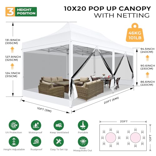 COBIZI 10x20 Heavy Duty Pop Up Canopy Tent with 6 Sidewalls, Easy Set Up Outdoor Waterproof Screen Commercial Party Tent with Mosquito Netting for Parties Backyard Patio, Roller Bag, White - color: White, size: 10x20FT