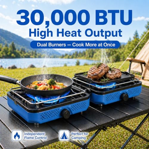 Hisencn Camping Stove,2 Burner Propane Camping Stove,Dual Griddles,30,000 BTU Portable Propane Stove with Carry Bag,Outdoor Cooking Stove set for Camping Gear,RV Essentials,Camp Gifts for Man,Blue - color: Blue
