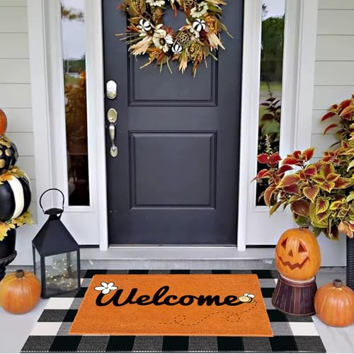 2 Pcs Non-Slip Artificial Coir Door Mat Set with Welcome & Bee Design, Layered Spring Decor for Farmhouse Front Porch Entryway, Seasonal Indoor/Outdoor Doormats