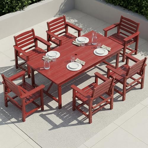 Outdoor HDPE Dining Set 7 Pieces, Patio Table with Umbrella Hole and 6 Chairs, All Weather Patio Furniture for Lawn, Garden, Backyard, Deck, Poolside, Outdoor Dining Table and Chairs, Red - color: Red, size: 7-Piece (1 Table + 6 Chairs)