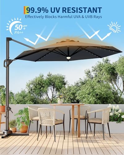 9ft Outdoor Patio Umbrella Heavy Duty 8 Ribs, Waterproof UV Protection Sun Shade with Crank Lift & Push Button Tilt, Outdoor Umbrella for Deck, Pool, Garden, Backyard, Lawn - color: Gray&Round-Lights, size: 10FT Roman
