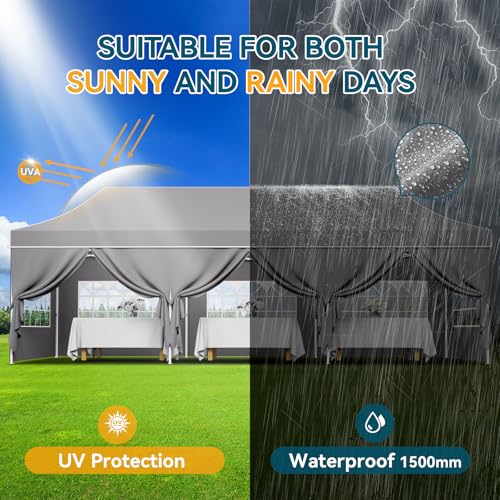Hoteel 10x30 Pop Up Canopy Tent Heavy Duty with 8 Sidewalls, Waterproof Party Tent, Easy Set-up Commercial Instant Tents with Hand Bag, Rope & Nail, Hexagonal Leg (1-Year Warranty) - color: Gray, size: 10×30 （8 Walls）