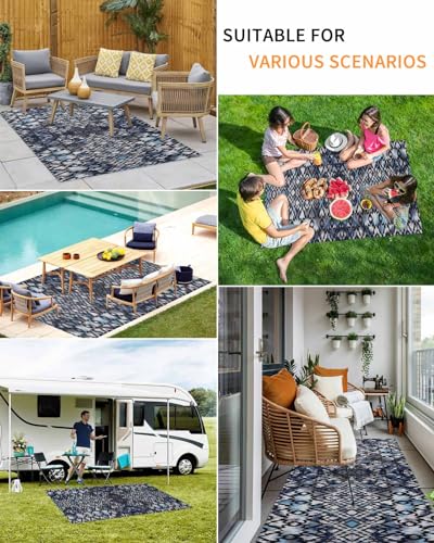 Large Outdoor Rug 6'x9' for Patio Indoor Outdoor Area Rug Boho Circle Line Texture Blue Rugs Outside Patio Rugs Camping Carpet Mat for Spring Picnic - color: Bohemianhoe2205, size: 6' x 9' (Rectangular)