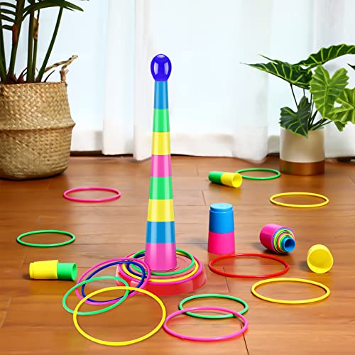 76 Pcs 4 Sets 18 Inch Plastic Ring Toss Game for Kids Colorful Tossing and Active Play Set Travel Ring Toss Quoits Toy Portable Carnival Games Indoor Outdoor Birthday Party Halloween Playground