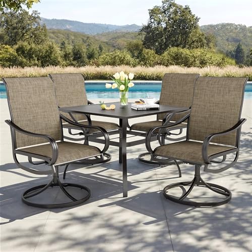 PHI VILLA 5 Piece Patio Dining Set Clearance with 4 Swivel Dining Chairs & 1 Square Metal Dining Table with 1.57 inches Hole, for Outdoor Kitchen Lawn & Garden Black Coated - color: Brown Fabric, size: 37"L x 37"W x 28"H-5 Piece-Metal