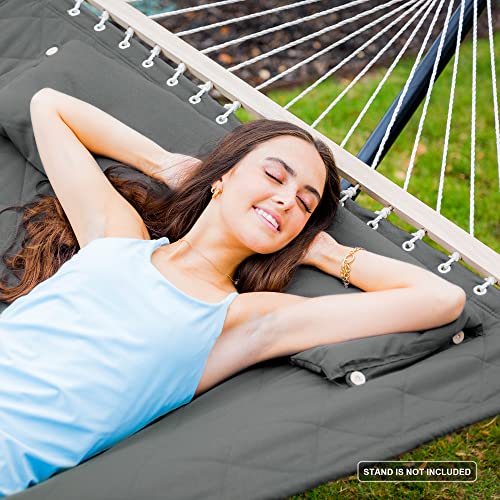 ANOW 2 Person Hammock with Spreader Bars and Detachable Pillow, Quilted Hammock for Outdoors Indoors, 450 LBS Weight Capacity, Gray - color: Grey, size: 2 Person Without Stand