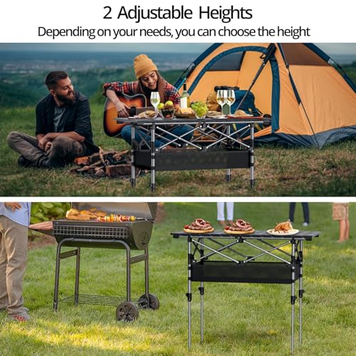 Anbte 3ft Aluminum Roll Top Camping Table, 2 Adjustable Height Camping Table Folding with Storage Net & Bag Lightweight Roll Up Table for Tailgate Outdoor Backyard BBQ Patio Picnic, 32.2” X 16”, Black - color: Black, size: 32"L x 16"W x 27.5"H (2 heights)