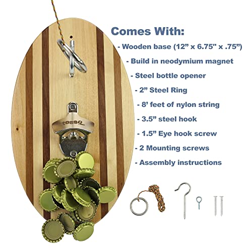 Hook and Ring Game Pro (Beach Stripes) with Bottle Opener and Magnetic Bottle Cap Catch - Easy Wall Mount Ring Toss Game
