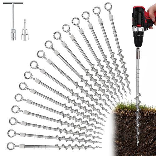 Screw in Tent Stakes 16 Pack Extra Long 14 inch, Heavy Duty Aluminum Ground Anchors with Hex Top for Cordless Drill, Detachable Hooks & T-Handle for Trampoline RV Awning Sand Soft Soil
