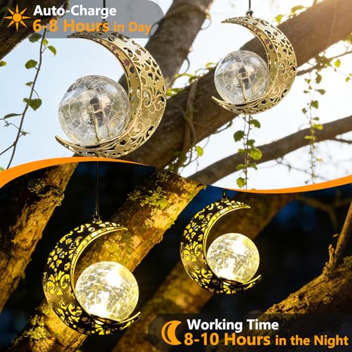 Hanging Solar Lights Outdoor Lanterns Garden Decorations, 2 Pack Moon Lights with Cracked Glass Globes Outside Decor for Backyard Balcony Patio Tree ,Unique Mother's Day Gifts for Women Mom