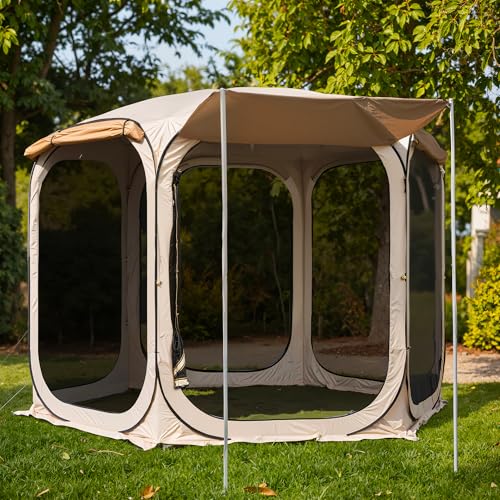 East Oak 10×10 FT Pop Up Canopy Tent with Mesh Walls | Outdoor Screen House with 6 Sunshades | Waterproof Gazebo with Carry Bag | Portable Shelter for Camping, Patio, and Beach | Beige - size: 10×10 Ft