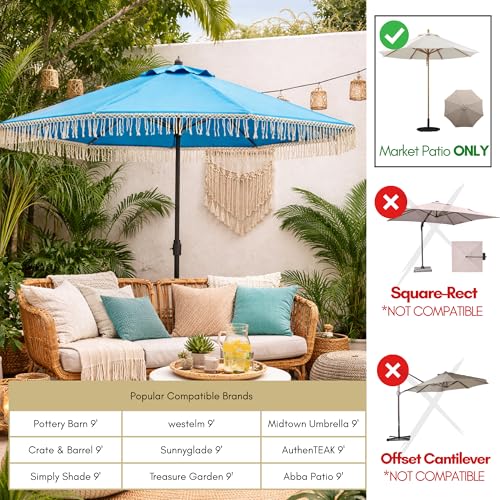 Formosa Covers 9ft 8-Rib Boho Replacement Umbrella CANOPY ONLY with Tassel Fringe Valance — Olefin Fabric, UV-Treated, Fits Market Patio Frames - color: Tassel Capri Blue