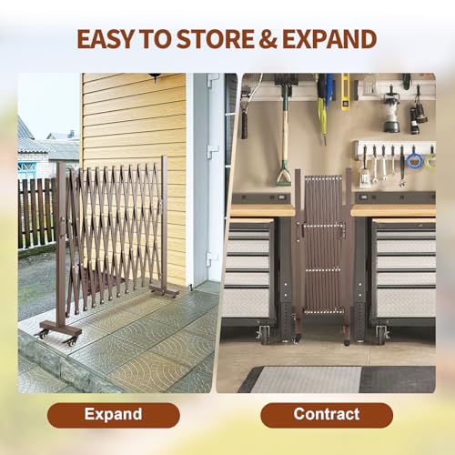 TECSPACE Aluminum Expandable Garden Fence, Portable Barricade Gate with Casters, Adjustable Retractable Fence Mobile Barricade Safety Barrier (Brown, 130×15×41 inch) - color: Brown, size: 126×15.2×40.6 Inch