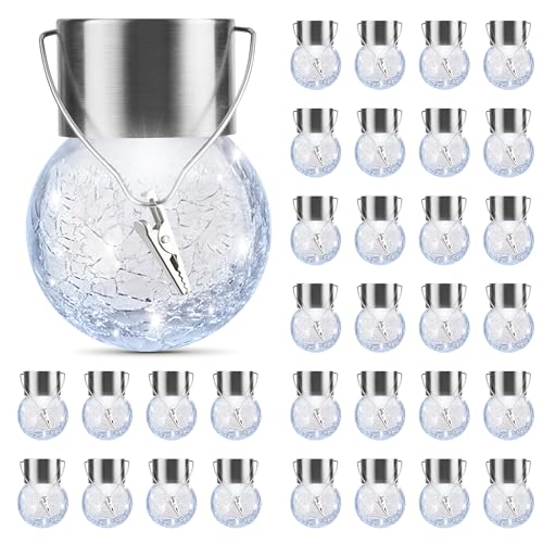 PARTPHONER 32 Pack Hanging Solar Lights Outdoor, Waterproof Solar Globe Lantern with Handle and Clip, Decorative Cracked Glass Ball Lights for Christmas Decor, Tree, Yard, Garden, Patio (Cold White) - color: Cold White, size: 32