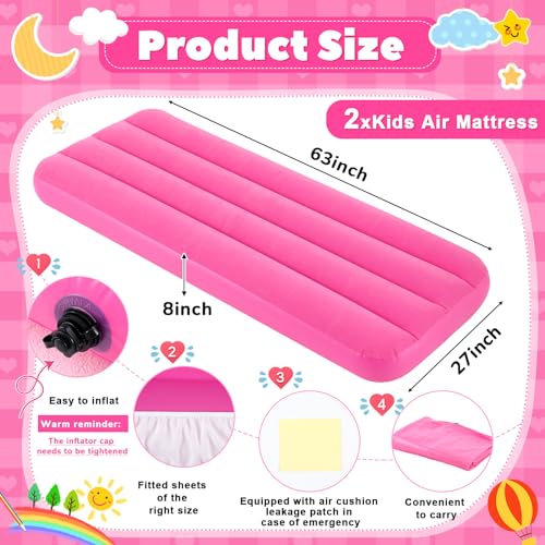 Windyun 2 Sets Kids Air Mattress Bulk with Fitted Sheet,Toddler Inflatable Bed 63 x 27 x 8 Inches Blow up Airbed Camping Sleeping Pad for Aged 3-10 Years Old Birthdays Slumber Sleepover Party (White) - color: White