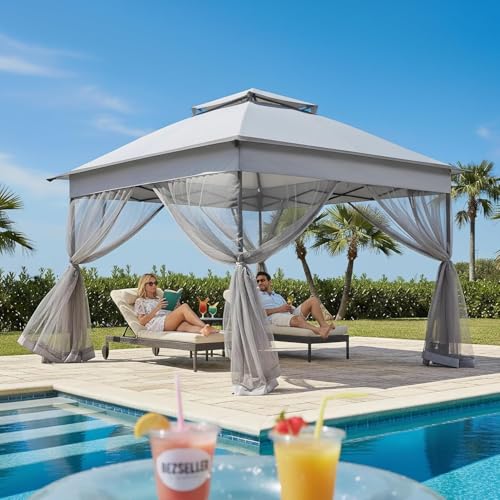 Bezseller 11x11 Pop Up Gazebo with Mosquito Netting, Easy 1-Person Setup Outdoor Canopy, Water-Resistant Portable Shelter for Patio, Backyard & Garden, UV Protection, Light Grey - color: Light Grey, size: 11"x11"