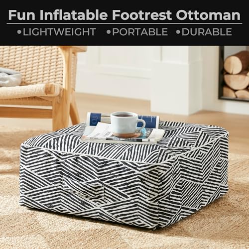 510 Design Inflatable Ottoman Stool Portable Pouf, Handle, Inflatable Foot Rest, Weatherproof & Water Repellent Indoor/Outdoor Ottomans for Patio Garden, Camping, Pool, 23"L x 23"W x 9"H, Black/White - color: Black/White, size: 23"D x 23"W x 9"H