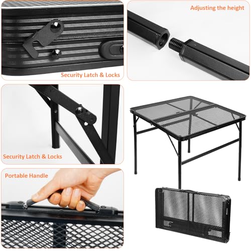 Square Folding Card Table with Adjustable Height (12" & 26"), Black Portable Metal Mesh Table for Camping, BBQ, Picnic, Game, Patio & Indoor Use, Fits 2–4 People, Lightweight 7.6 lb, Supports 66 lb - color: Black, size: Square - 27.2"L x 27.2"W x 12.2"/26