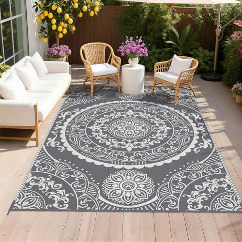 Pauwer Waterproof Outdoor Rug 6x9, Reversible Plastic Straw Patio Camping Rug, Indoor Outdoor RV Mat Carpet for Deck, Camper, Porch, Balcony, Backyard, Picnic, Paisley Grey - color: Paisley Grey, size: 6' x 9' (Rectangular)