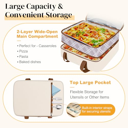 Coobiiya Insulated Casserole Carrier,Lasagna Lugger Tote Keeps Food Hot or Cold,Thermal Lunch Bag Warmer & Cooler Carrier Bag,Portable Tote Bag Fits 9" x 13" Baking Dish for Picnic and Cookout - color: Beige, size: Double Layer: 15.75 × 11.8 × 7.87 in
