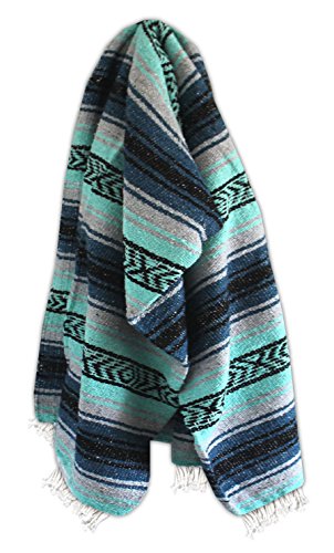 Del Mex Classic Mexican Blanket, Large Authentic Woven Falsa Throw (70"x50"), Artisan Southwest Décor for Beach, Yoga, Outdoors (Navy/Mint) - color: Navy/Mint