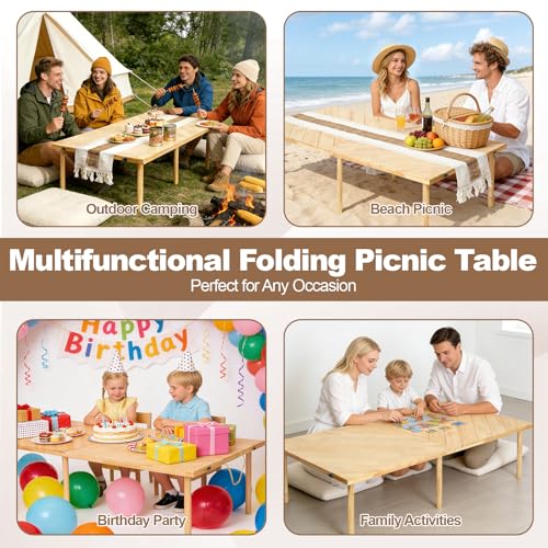 Folding Picnic Table 60x30in, Solid Wood Portable Low Floor Table, Mortise & Tenon Joints, Adjustable Height, Boho Table for Beach Camping Garden Party, Runner Included, Seats 4-6