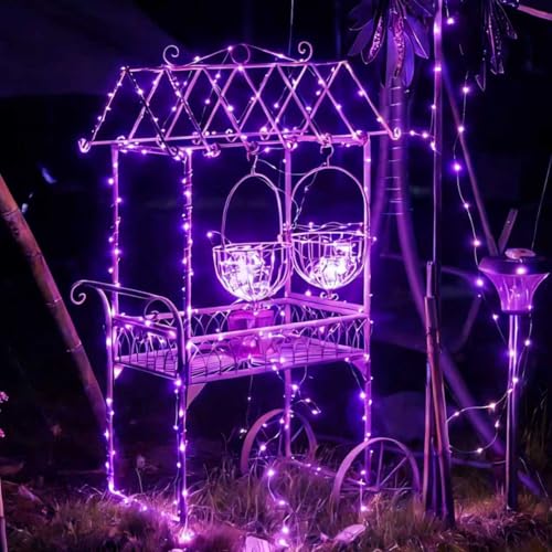 QITONG 4 Pack Solar Fairy Lights, Each 33ft 100 LED Purple Christmas String Light Outdoor Waterproof, 8 Modes Silver Wire Twinkle Mini Lights - color: Purple, size: 4Pack*100LED
