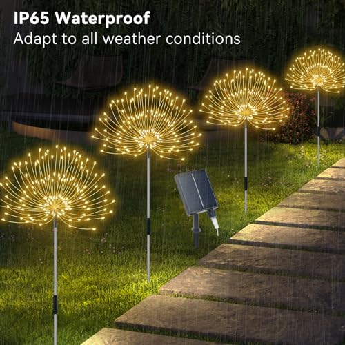 Slyuexu Solar Garden Lights Outdoor Waterproof, 4 Pack Total 480 LED Solar Firework Lights Decorative with 8 Lighting Modes Outside for Yard Pathway Flowerbed Decor, Warm White - color: Warm White, size: 4 Pack