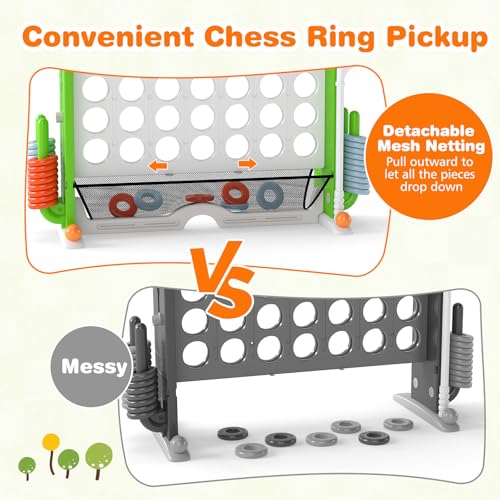 COSTWAY Giant 4-in-A-Row Connect Game Set, Height Adjust 4-to-Score Game with Mesh, Golf, Ring Toss Sets, Basketball & Cup Holders, Indoor Outdoor Yard Party Game for Kids Adults, Family (Green) - color: White & Green