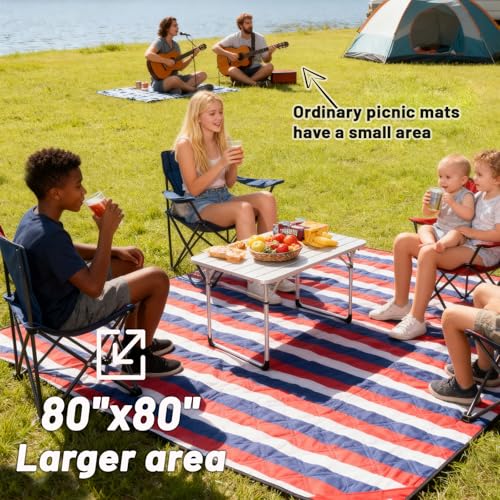 Picnic Blanket Waterproof 80"x80" – Extra Large Outdoor Blanket for Beach, Park, Grass, Lawn, Camping, Sandproof, Foldable & Portable Mat, Wedding Registry Gift for Family & Travel - color: Red White & Blue Stripe