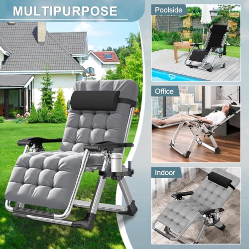 ABORON Zero Gravity Chair,Premium Outdoor Lawn Folding Lounge Chairs,Sturdy Adjustable Reclining Patio Chairs with Removable Cushion,Headrest & Tray - color: A Light Gray