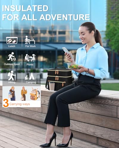 Capolo Lunch Box for Women Men Adults,Double Deck Insulated Lunch Bag Leakproof Lunch Cooler Box with Removable Strap Lunch Tote Bags Reusable Thermal Lunchbox for School Work Picnic(Large,Black) - color: Black, size: Large