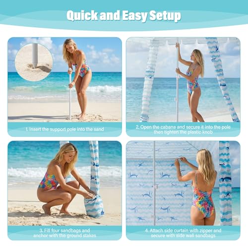 Umineux Beach Cabana - 8FT Beach Canopy with Side Wall, Easy Setup Beach Tent Sun Shelter, Waterproof Tent - Portable Shade for Whole Family (Blue Whale) - color: Blue Whale, size: 8ft
