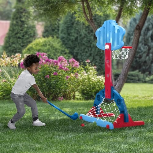 Delta Children PAW Patrol 4-in-1 Sports Center – Adjustable Easy Score Basketball Hoop, Soccer/Hockey Net and Golf Game, Blue - color: Paw Patrol
