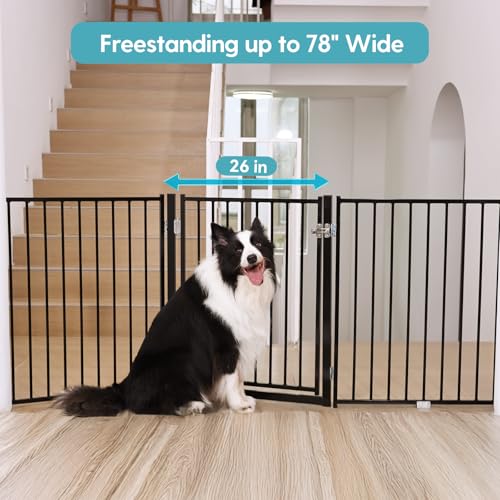 No Pawblems Free Standing Dog Gate with Door, 30'' Tall Foldable Dog Fence for Indoor & Outdoor, Up to 78 Inch Extra Wide Puppy Gate for Stairs, Hallways, Doorways, Deck, Yard (Black, 3 Panels) - color: Black, size: Up to 78" W, 3 Panels