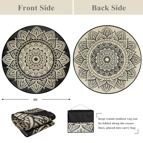 famibay Round Outdoor Rugs for Patios 8ft Boho Plastic Outdoor Rug Waterproof Reversible Circle Outside Rugs Lightweight Portable All Weather Outdoor Carpet for Patio Backyard Porch(Black Camel) - color: Black Camel, size: Round 8ft
