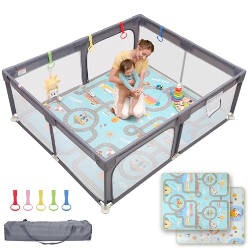 Dripex Baby Playpen with Mat, 71"x59" Play Pen for Toddlers 1-3 Years, Soft Breathable Visible Mesh, Indoor/Outdoor Portable Play Yard with Mat, Safe Baby Fence Play Area, Grey - color: Grey, size: 71"×59" with Mat