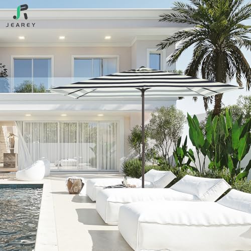 JEAREY 8x10 ft Rectangular Patio Umbrellas Outdoor Table Market Umbrella w/Crank, 8 Sturdy Ribs, UV Protection Windproof Sunproof for Garden, Deck, Backyard, Pool(Beige & Black Striped) - color: Beige & Black Striped, size: 8x10ft